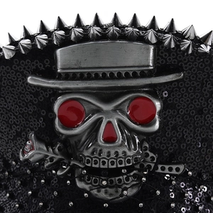 Punk captain hat with silver skull, red eyes and rose on black sequin background