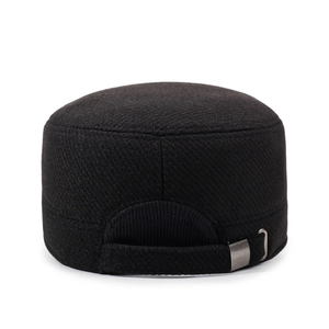 Black winter flat top army cap for men with adjustable metal buckle and warm fabric