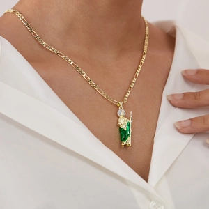 Hip hop gold Figaro chain necklace with green enamel St. Jude religious pendant for women