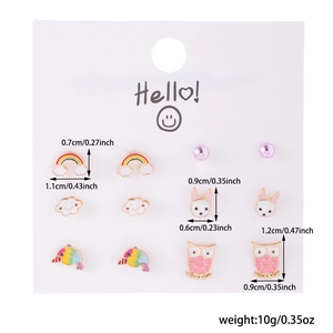 Detailed size view of cartoon stud earrings set with rainbow, cloud and bunny designs