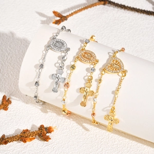 Bracelets chapelet religieux avec médailles de la Vierge Marie et pendentifs crucifix en or