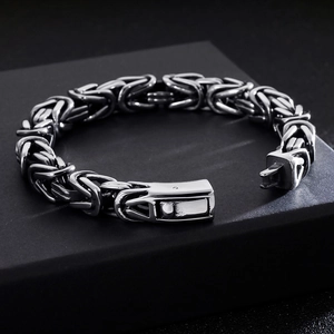 Mens silver stainless steel Byzantine chain bracelet with square box clasp on black display
