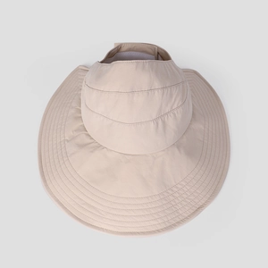 Detail of khaki wide brim sun hat showing reinforced circular stitching and quick-dry fabric