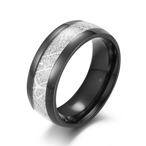 Polished black stainless steel men's ring with textured silver inlay and meteorite pattern