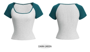 Detailed front and back view of Y2K slim fit grey t-shirt with dark green raglan sleeves
