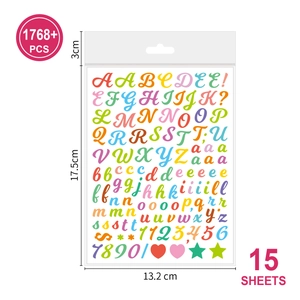 Detail view of 15 sheets colorful alphabet stickers set with size measurements 13.2x17.5cm