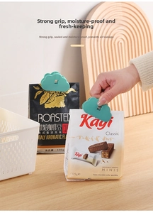 Macaron green cloud-shaped food sealing clips shown on snack and coffee bags for freshness