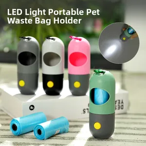 Portable pet waste bag dispenser with LED light and carabiner clip in multiple colors