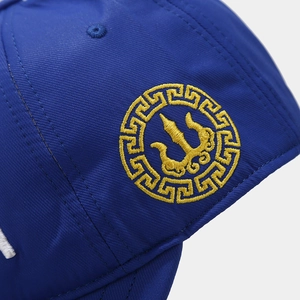 Close-up of royal blue baseball cap featuring yellow embroidery and twill texture