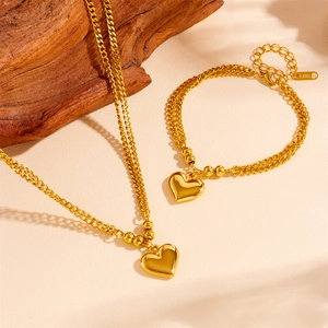 Collana con Pendente a Cuore a Doppio Strato in Acciaio Inossidabile Bracciale Orecchini Gioielli Donna Oro