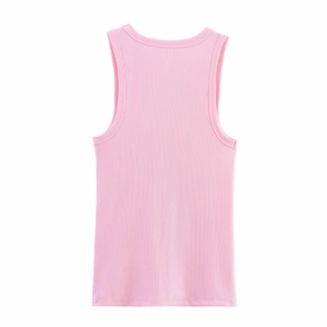 Detailed back view of pink ribbed tank top showing the premium knit texture and stitching
