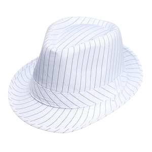 White fedora hat with black pinstripes and a classic brim for casual retro style