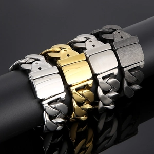 Men's punk stainless steel Cuban link bracelets in silver gold and black finishes