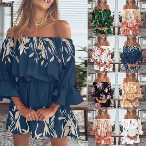 Dames Off Shoulder Bloemen Mini Jurk Sexy Ruches Mouwen Elastische Taille Polyester Zomer Vakantie Geprint A-Lijn