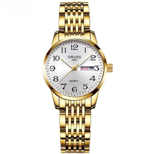 Elegant gold stainless steel quartz watch for women with white dial and date display