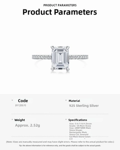 Detailed specs of S925 silver ring featuring a 2.0ct emerald cut cubic zirconia
