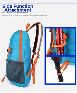 Detail of outdoor backpack side attachment system with trekking pole elastic cord
