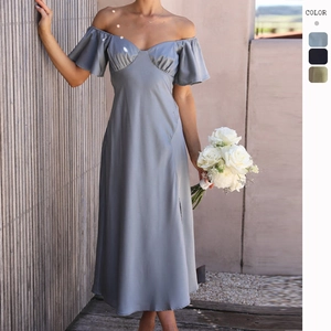Robe Midi Satinée Col En V Épaules Dénudées À Volants Élégante Taille Haute Fente Latérale Couleur Unie Fête Mariage Femmes
