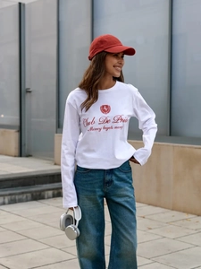 Ρετρό hiphop λευκό βαμβακερό μακρυμάνικο μπλουζάκι με κόκκινα γράμματα για street style