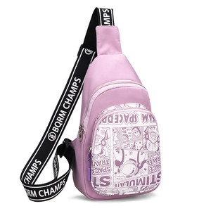Pink kids crossbody chest bag with space travel cartoon prints and nylon fabric