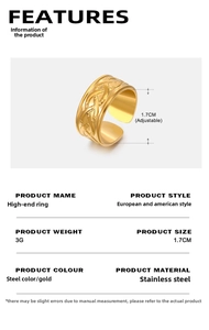 Detail showing the 1.7cm adjustable band size and textured 18K gold plated steel ring