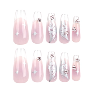 Pink gradient coffin press-on nails with silver butterflies and sparkling rhinestones