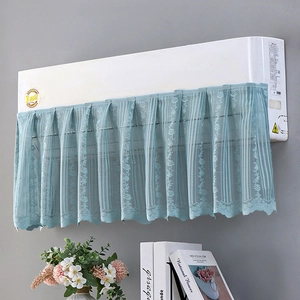 Close-up of light blue lace air conditioner cover with elegant floral cutout patterns