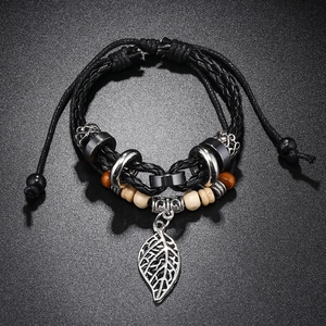 Multi-layer beaded leather bracelet with leaf pendant and adjustable drawstring design