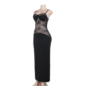 Detailed front view of black lace patchwork maxi dress on a professional mannequin