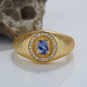 Vintage S925 Sterling Silver Natural Tanzanite Open Ring For Women Gold Plated Brushed Zirconia Inlaid Luxury Gemstone Ring