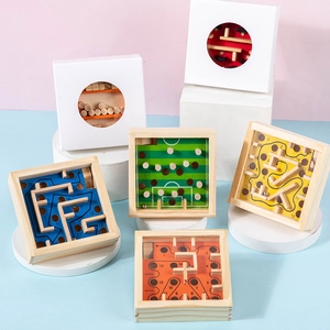 Set of six colorful wooden maze balancing toys with digital tracks for kids and toddlers