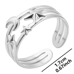 Detailed close-up of silver open ring showing star moon cutouts and 1.7cm width dimension