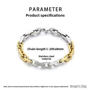 Detailed view of 8mm gold and silver two-tone stainless steel square link chain bracelet