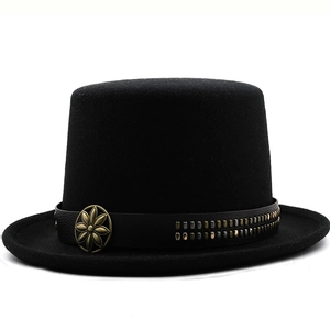 Classic black wool felt top hat with punk style leather band and floral metal buckle