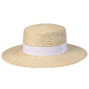 Flat top straw boater hat with white ribbon band for summer beach sun protection
