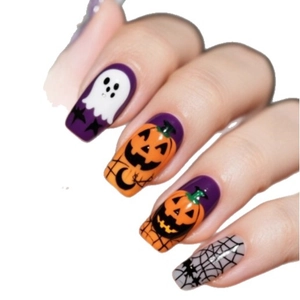 Αυτοκόλλητα νύχια Halloween με σχέδια φαντάσματα και κολοκύθες σε τετράγωνο σχήμα
