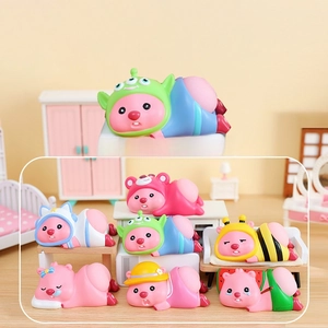 Detailed set of seven cute pink pig figures with creative character hats in a dollhouse