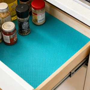 Washable green drawer liners with non-slip texture for kitchen cabinets and shelves