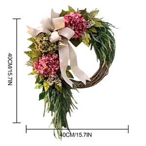 Detail view of rustic floral wreath with pink hydrangeas and linen bow, 40cm size