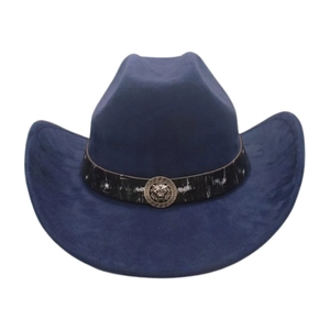 Detailed view of navy blue suede cowboy hat featuring a metallic lion head emblem and band