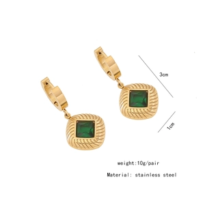Macro detail of emerald green stone earrings with 3cm length and 1cm pendant width