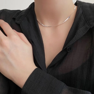 Close-up of minimalist 925 silver snake chain choker necklace worn on a neck