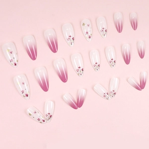 Almond-shaped gradient purple and floral press-on nails set with 24 pieces for women