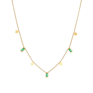 Vintage titanium steel tassel necklace with green square gems and golden floral charms