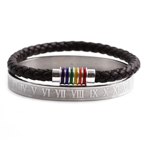 Set de bracelets pour hommes avec cuir, perles arc-en-ciel et jonc romain en acier inox