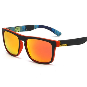 Detail of punk triangle polarized sunglasses with black red frame and orange mirror lens