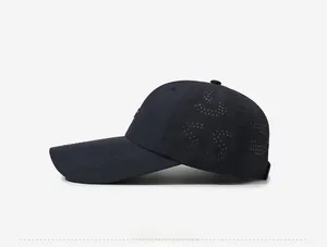 Detail view of breathable laser-cut S pattern on black mesh baseball cap side panel