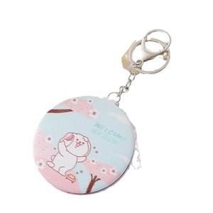 Portable mini folding PU leather double-sided makeup mirror with round metal keychain