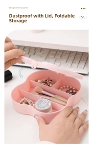 Close-up of pink flower-shaped cosmetic organizer with 360 rotating lid and multi-compartments