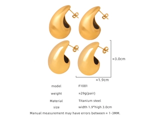Detail view of large teardrop earrings in 18k gold titanium steel with dimensions